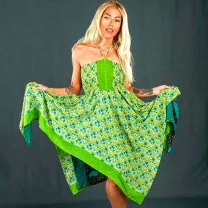 Brand New Sustainably Designed Green Print Boho Silk Convertible Dress/Skirt